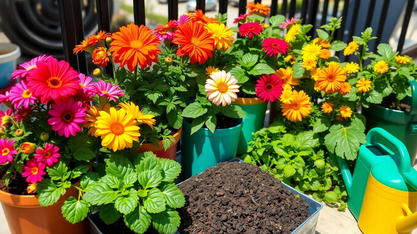 Compost și flori colorate în ghivece pe balcon