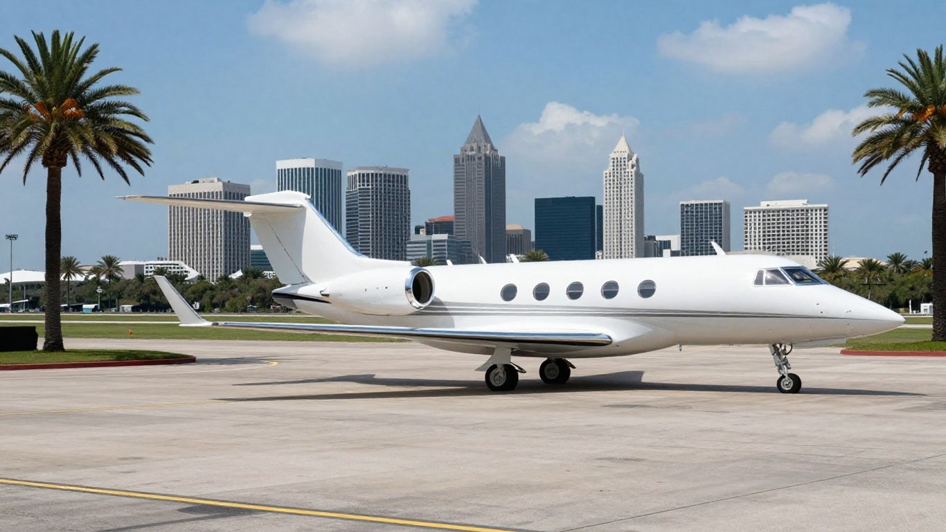 Private jet arriving in New Orleans with skyline view.