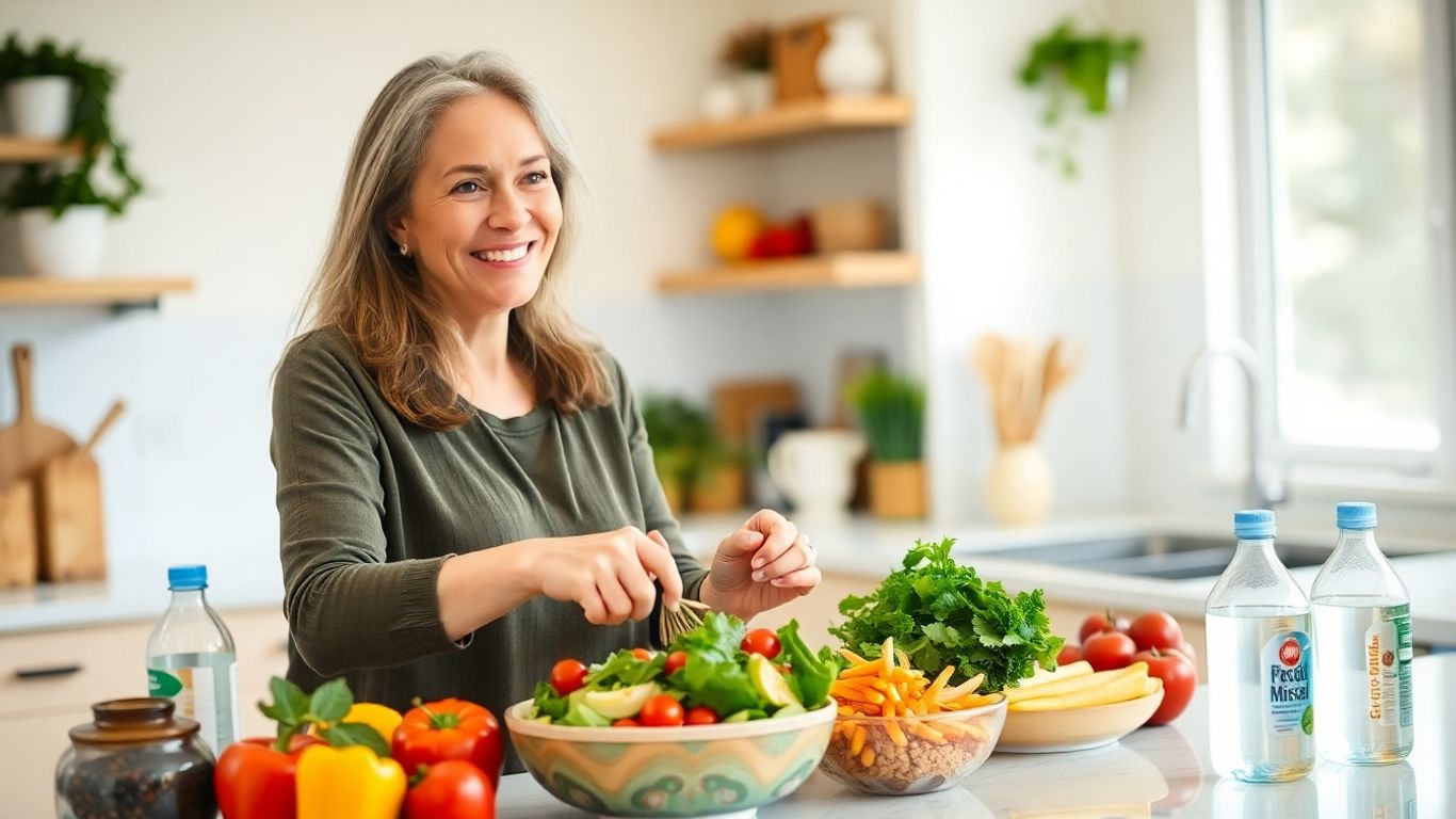 Nutrição feminina após os 40: como ajustar sua alimentação para manter a forma 2 Mulher madura preparando salada saudável na cozinha iluminada.