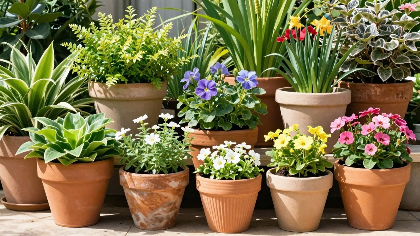 Mooie plantenpotten in een groene tuin.