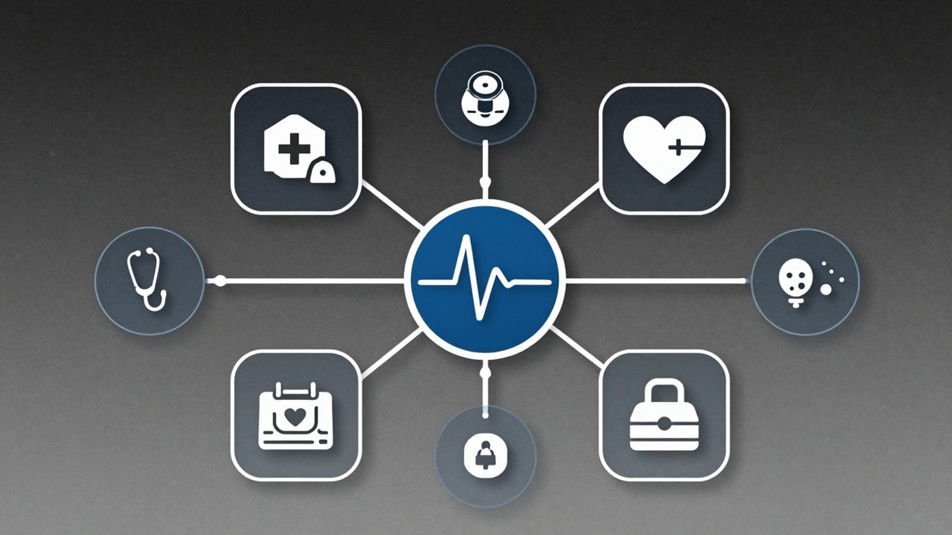 Healthcare IT infographic with medical and network icons.