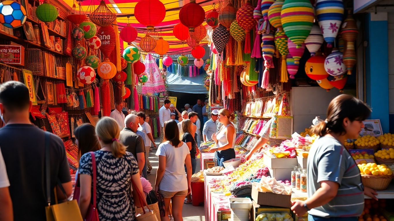 Busy market stall with customers and stallholder.