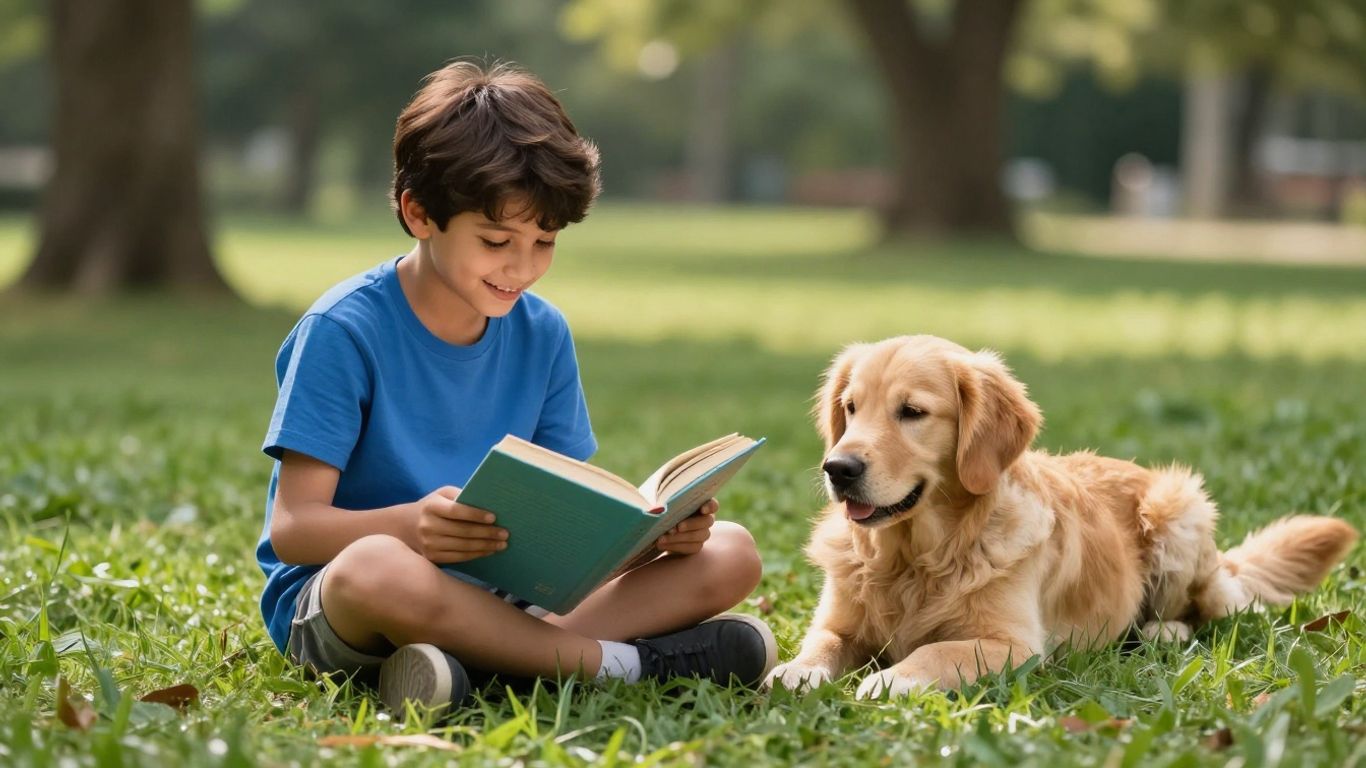Boy reading a book with a dog on the grass.