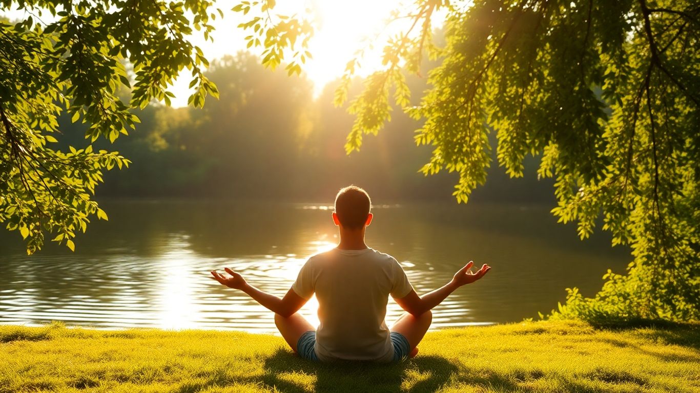 Person meditating peacefully outdoors in nature.