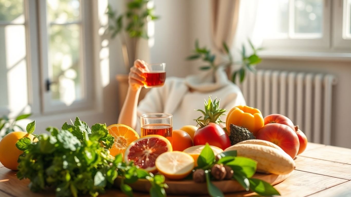 Persoană savurând ceai de plante, fructe și legume proaspete.