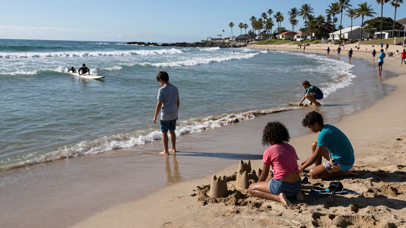 Family playing on a sunny beach with gentle waves.