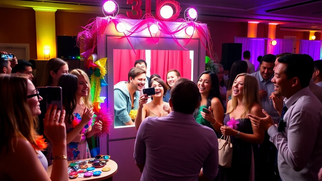 Photobooth lors d'un événement festif avec des invités souriants.