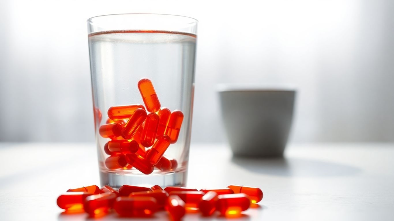 Astaxanthin capsules with morning light and water glass