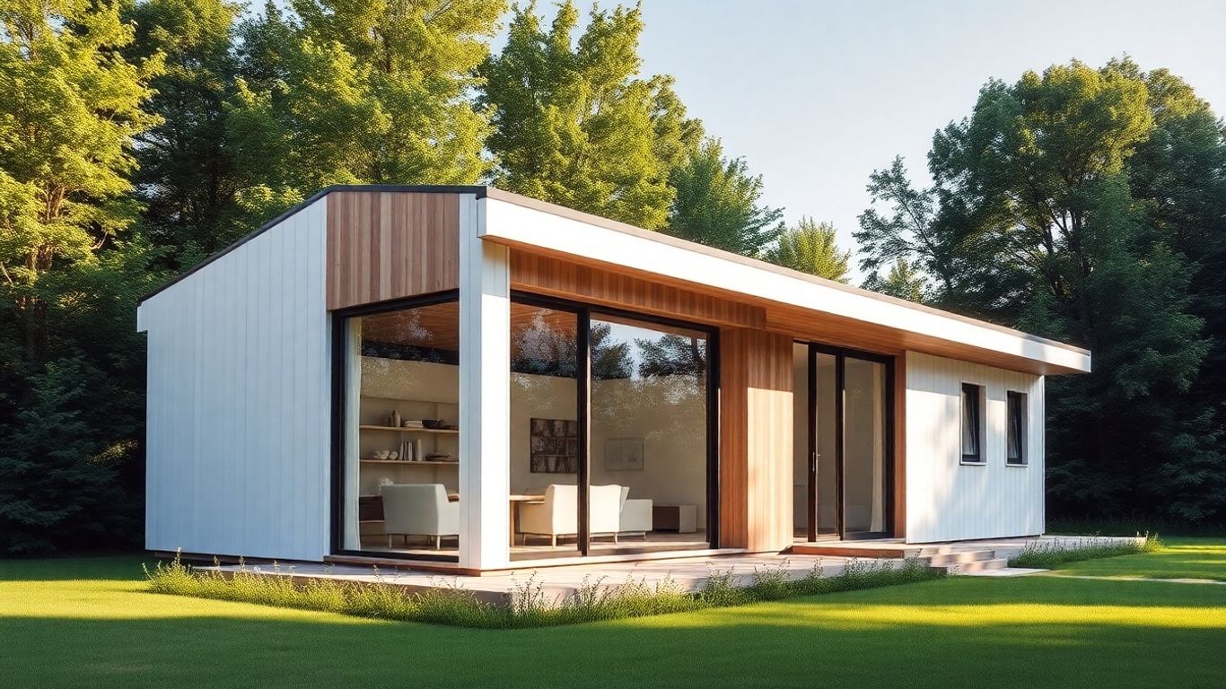 Casa prefabricada modular moderna con jardín.