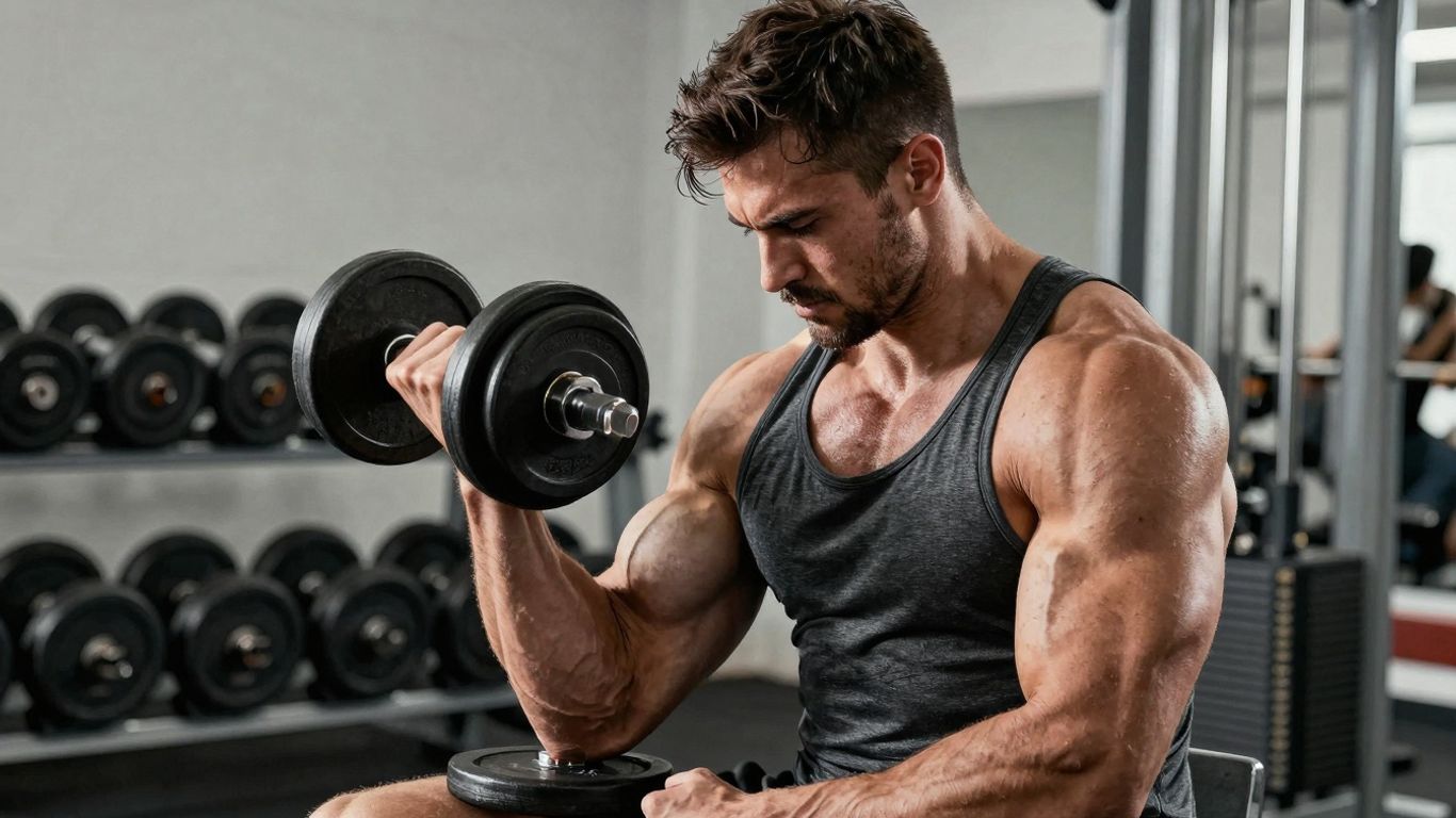 Homem musculoso treinando bíceps com halteres.