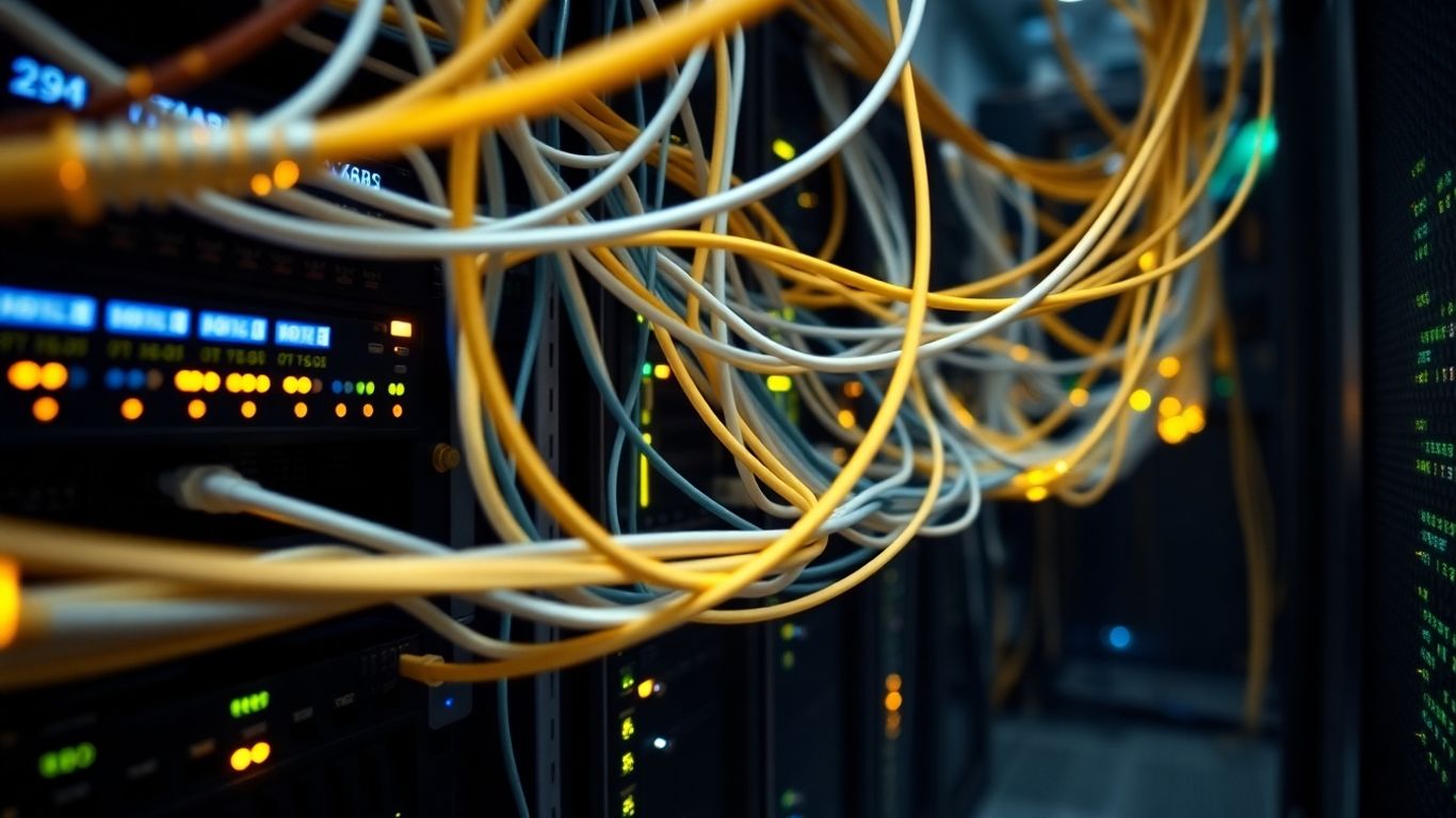 Infraestructura de red con cables y servidores.