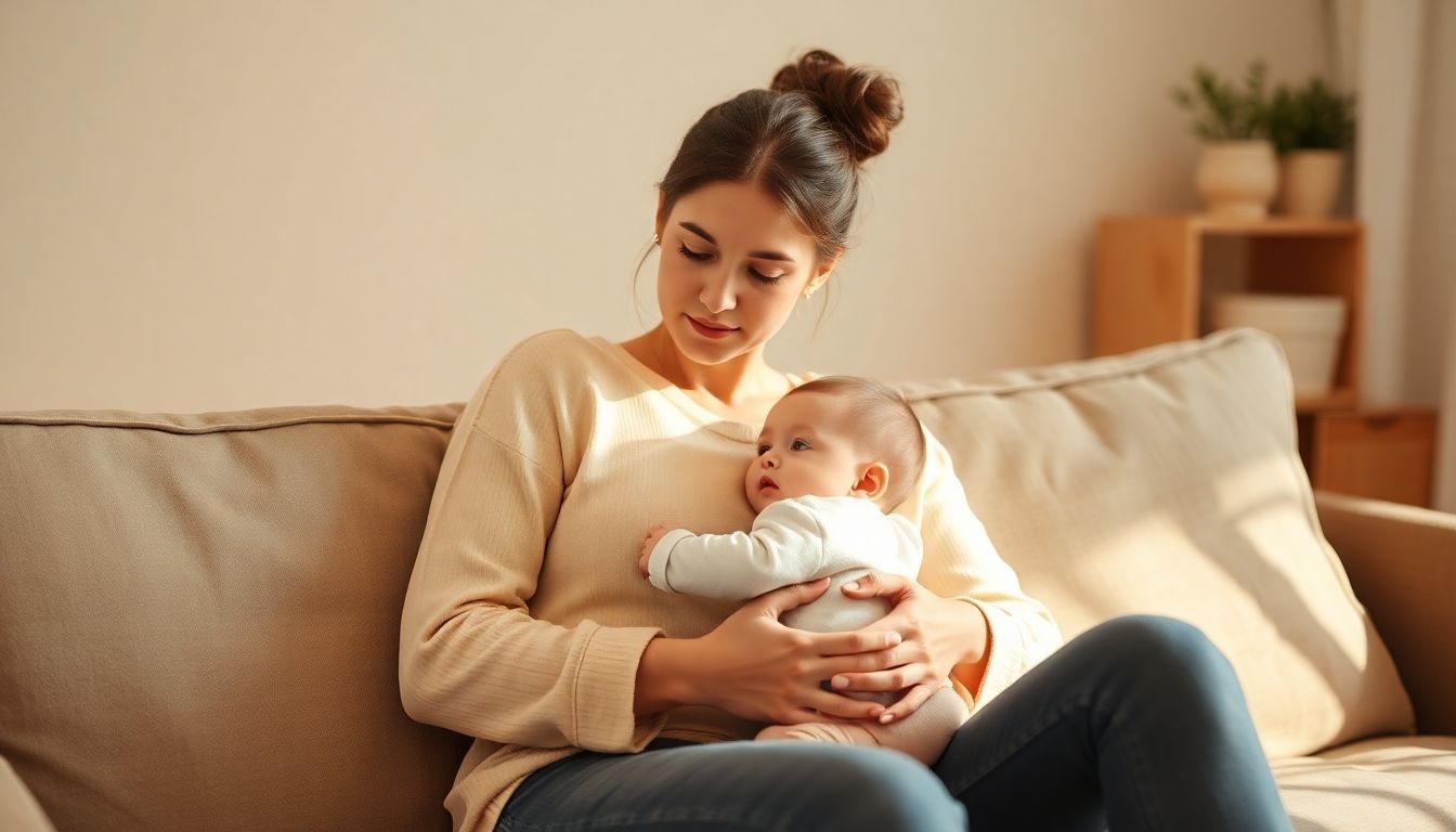 Mère tenant tendrement son enfant dans ses bras.