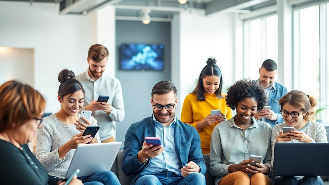 People using smartphones, laptops, and smart devices.
