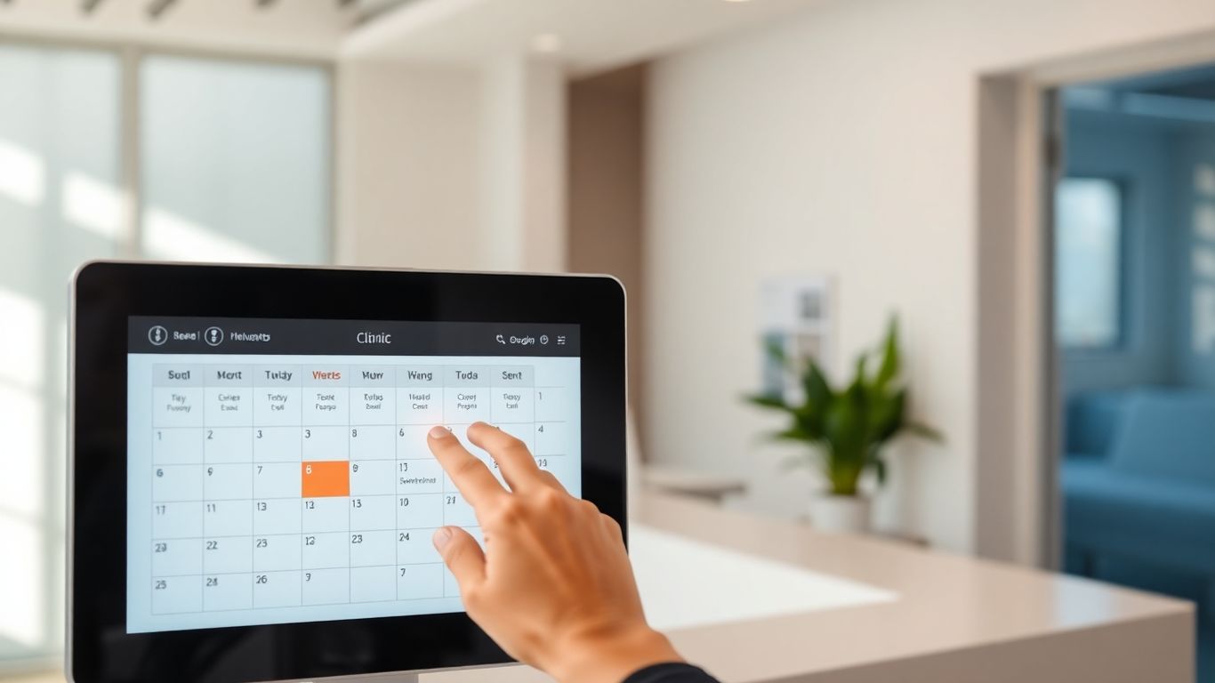Automated clinic booking system interface on a digital screen.