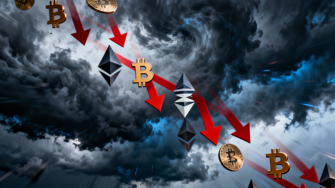 Digital currency symbols falling amidst stormy skies.