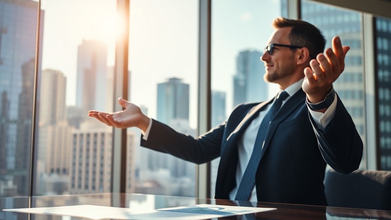 Stockbroker in suit, financial success, city backdrop.