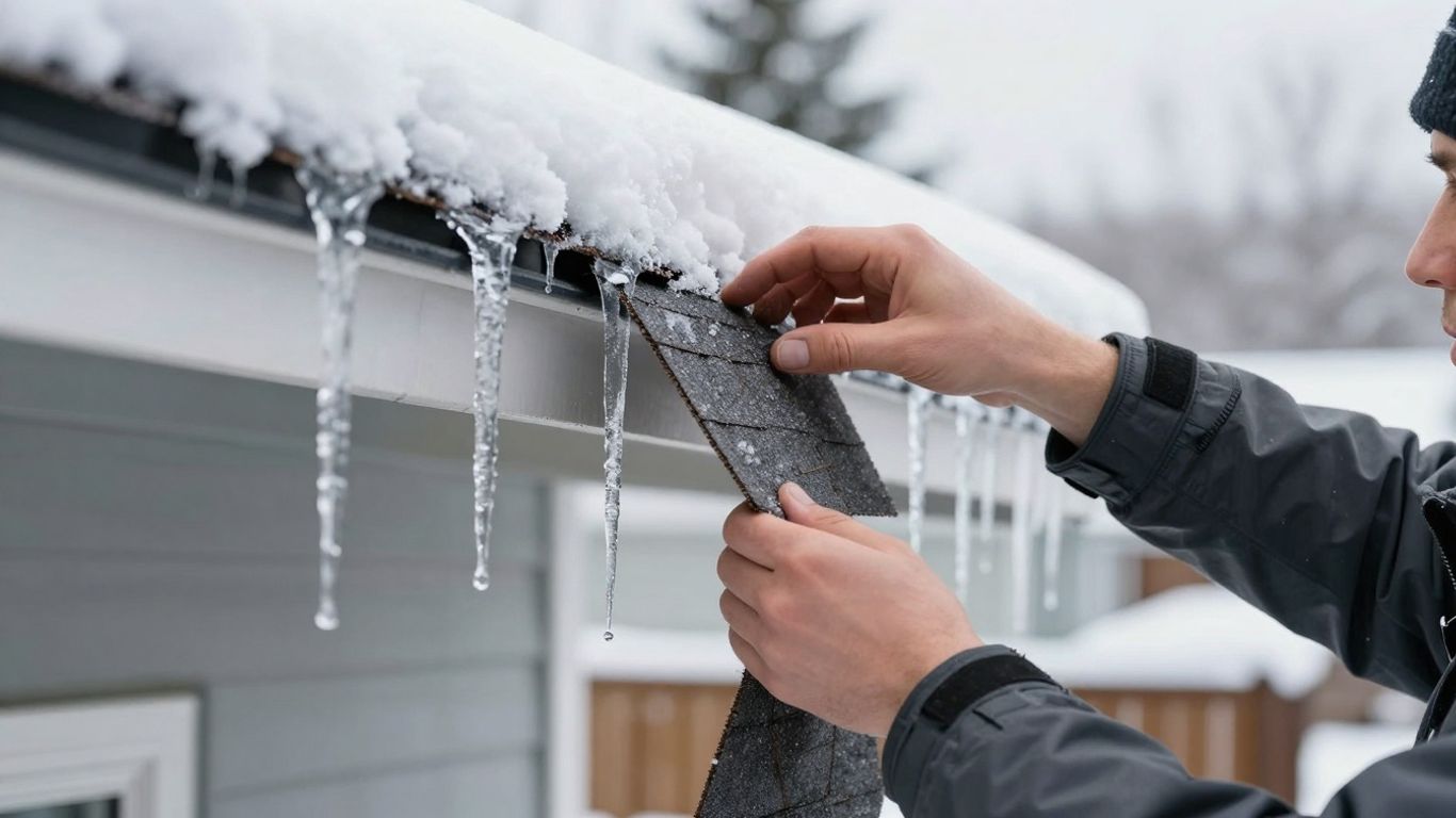 Homeowner inspecting roof for winter damage.
