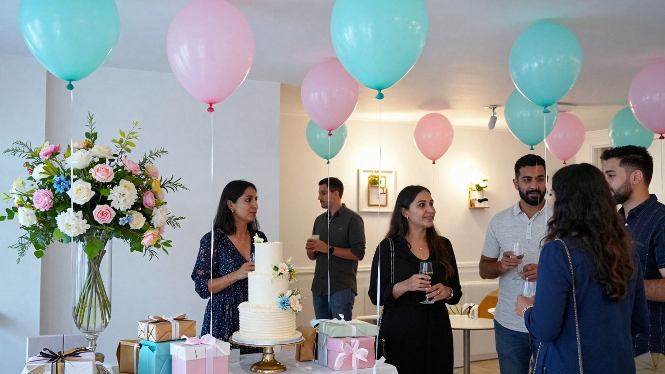 Elegant baby shower venue with balloons, cake, and gifts.