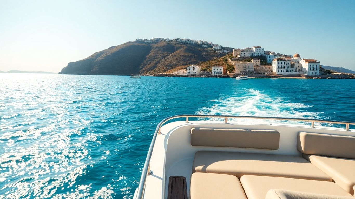 Luxury yacht sailing in the Aegean Sea near Greek islands.