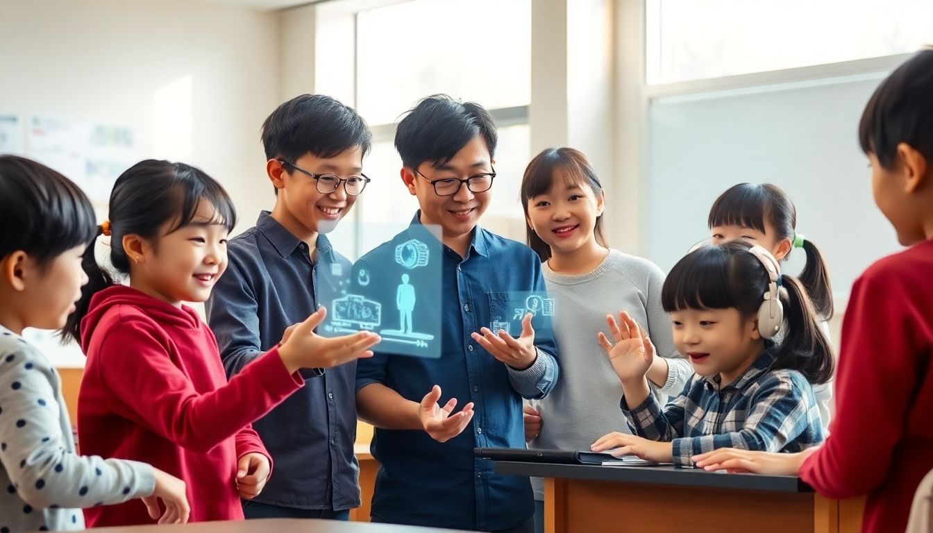 Chinese students and teacher engage with AI in a modern classroom.