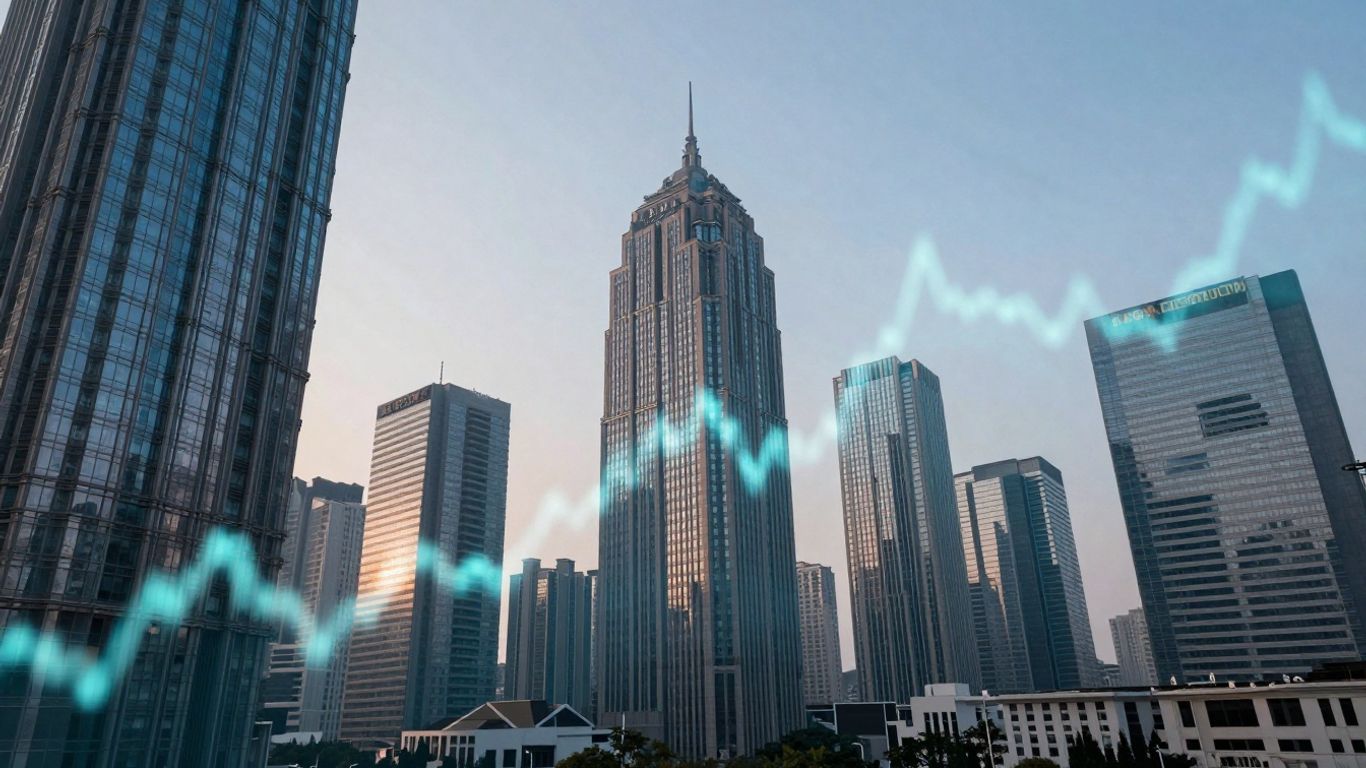 Financial market cityscape with glowing data streams.