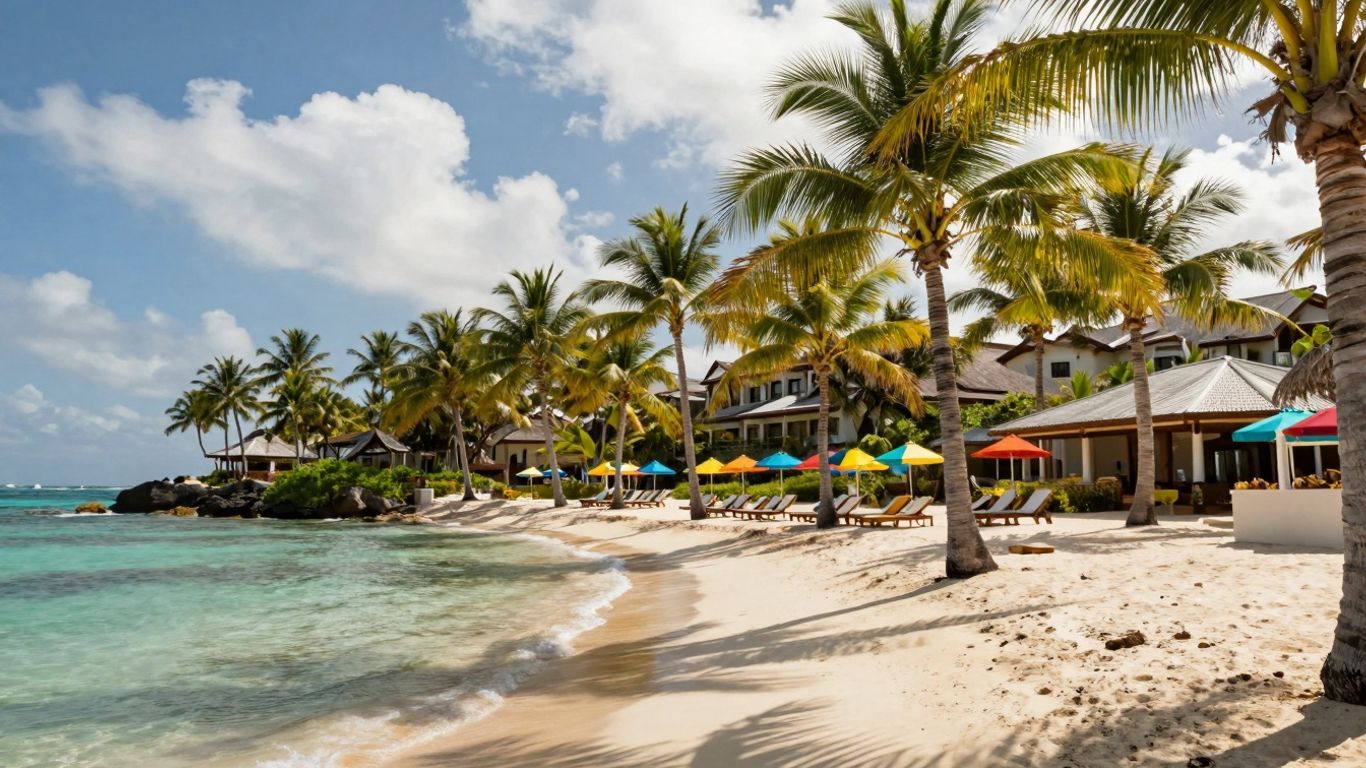 Tropikalna plaża z palmami i luksusowym hotelem.