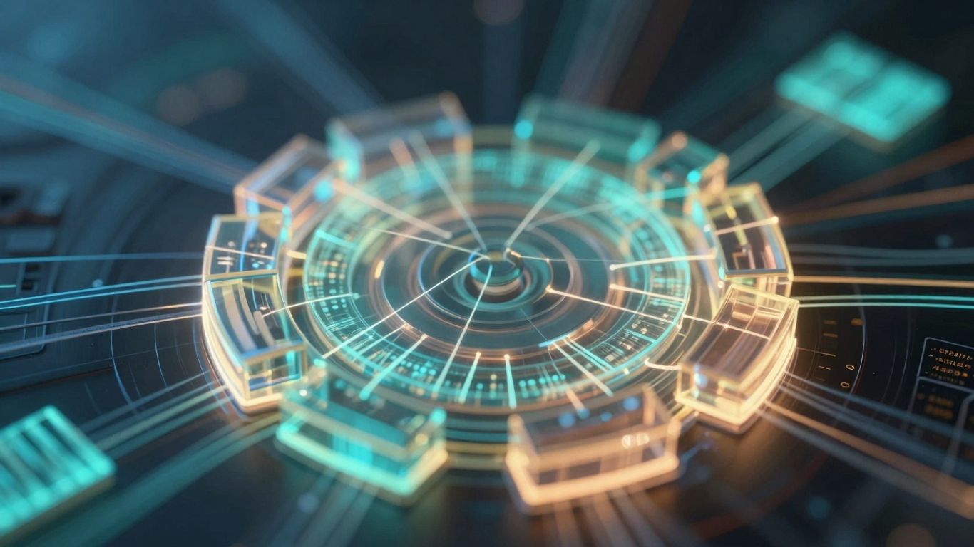 Digital blockchain ledger with glowing connections.