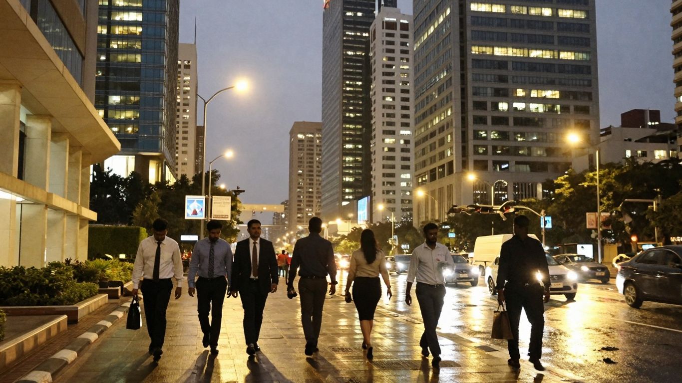 Mumbai cityscape with professionals walking on a street.