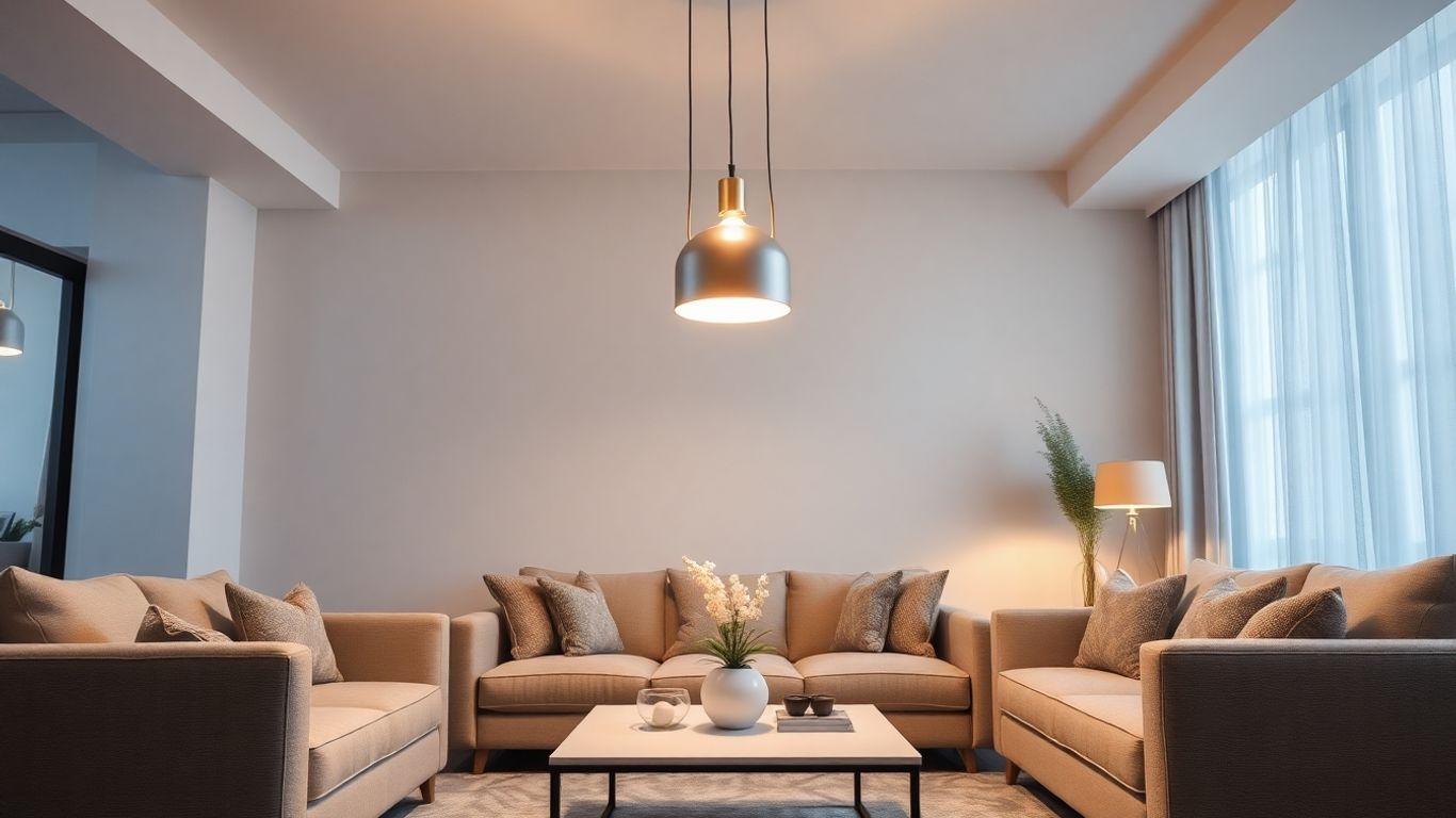 Modern living room with stylish pendant light.