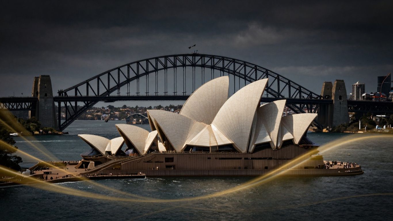 Australian landmarks with golden abstract elements.