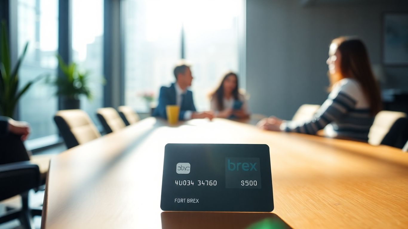 Brex credit card on a desk with professionals collaborating.