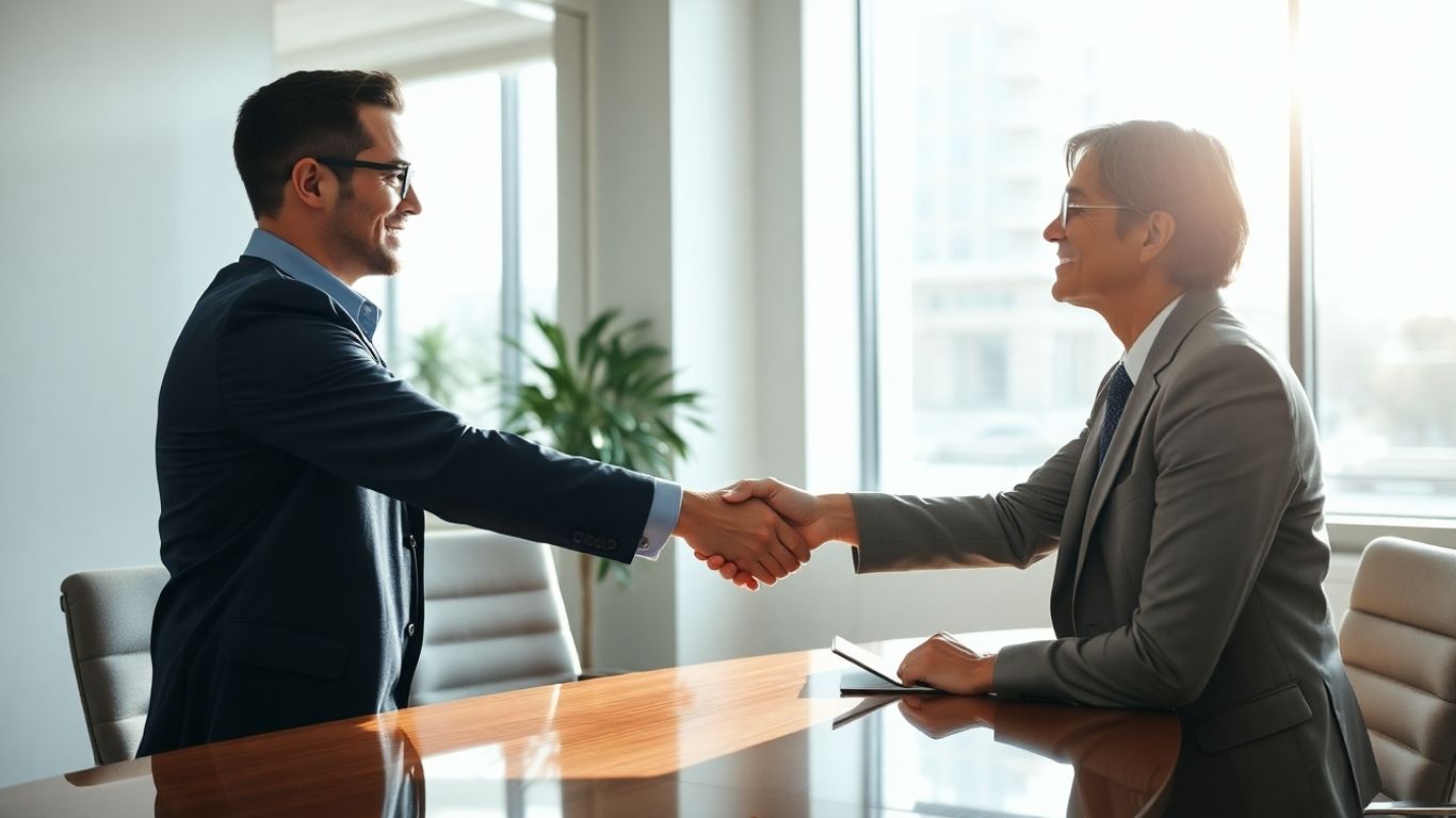 Business owner and broker shaking hands after a successful deal.