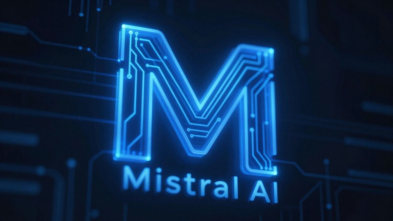 Logo de Mistral AI avec des circuits lumineux.
