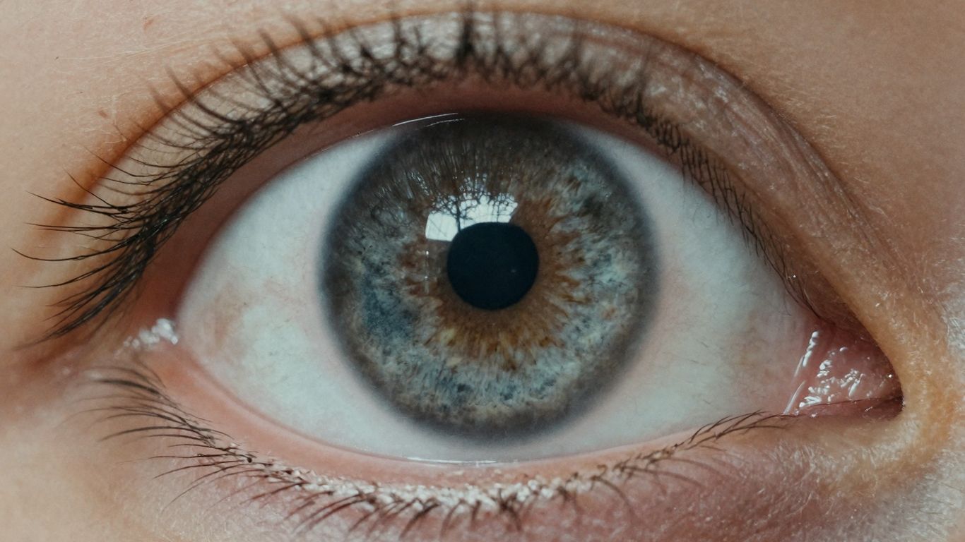 Close-up of an eye with a grey spot on the sclera.