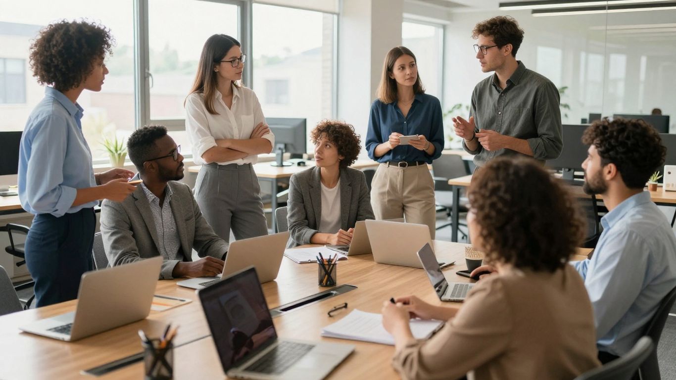 Marketing professionals collaborating in a bright, modern office.