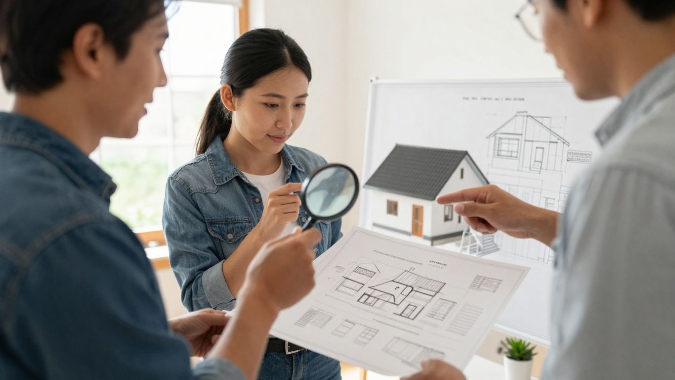 Homeowner and contractor discussing house plans and roofing proposal.