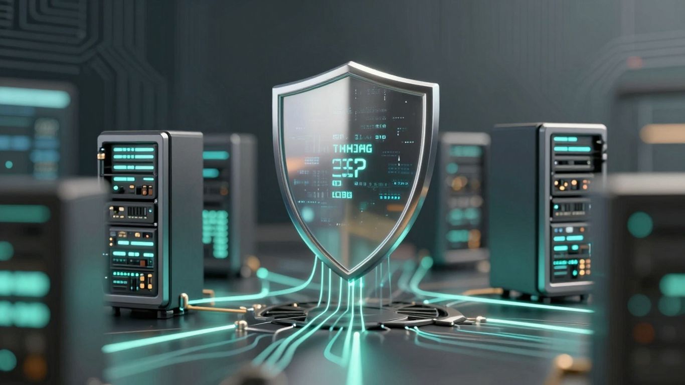 Scut digital protejând o rețea de servere interconectate.
