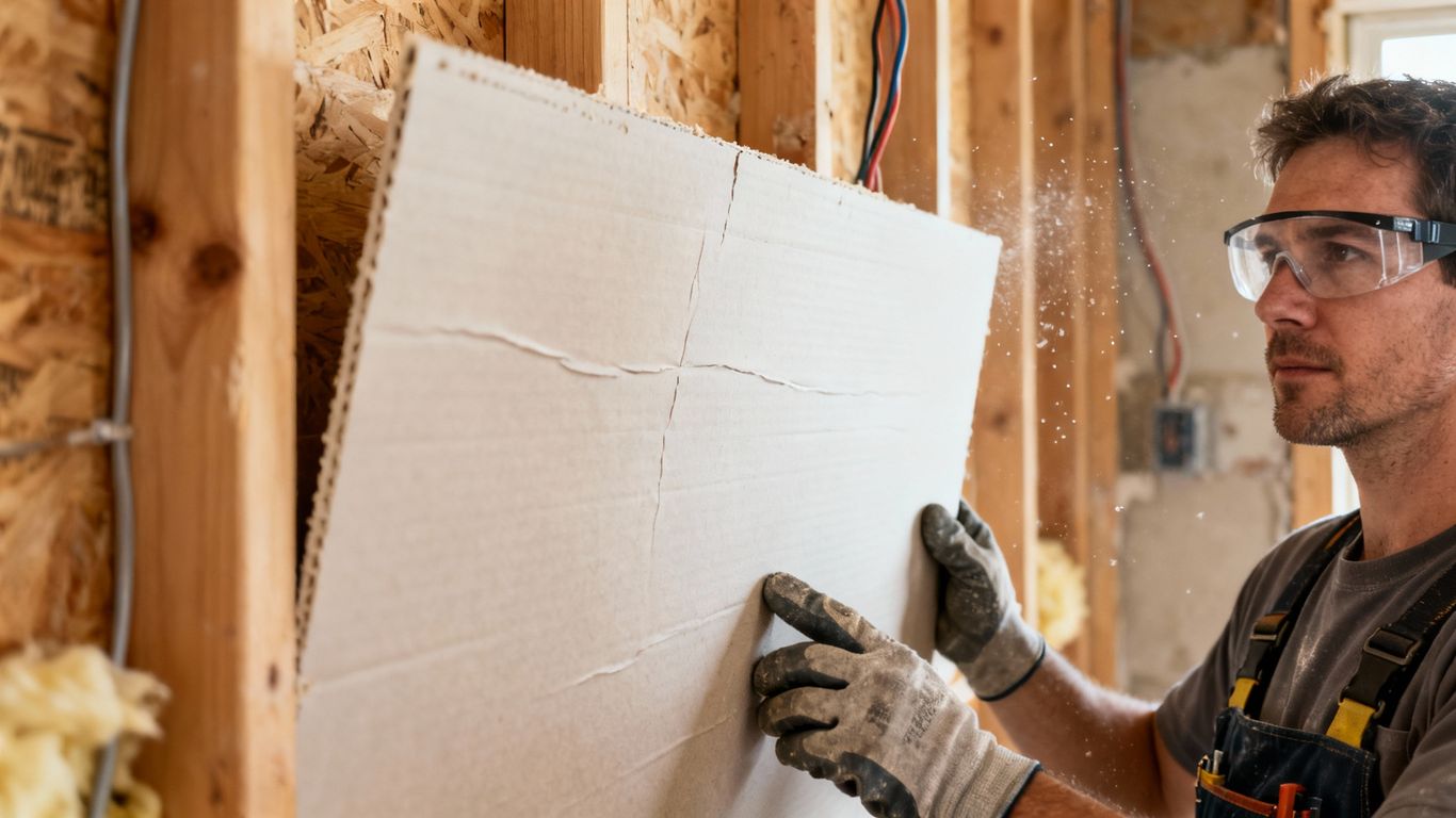 Drywall installation on a wall frame.