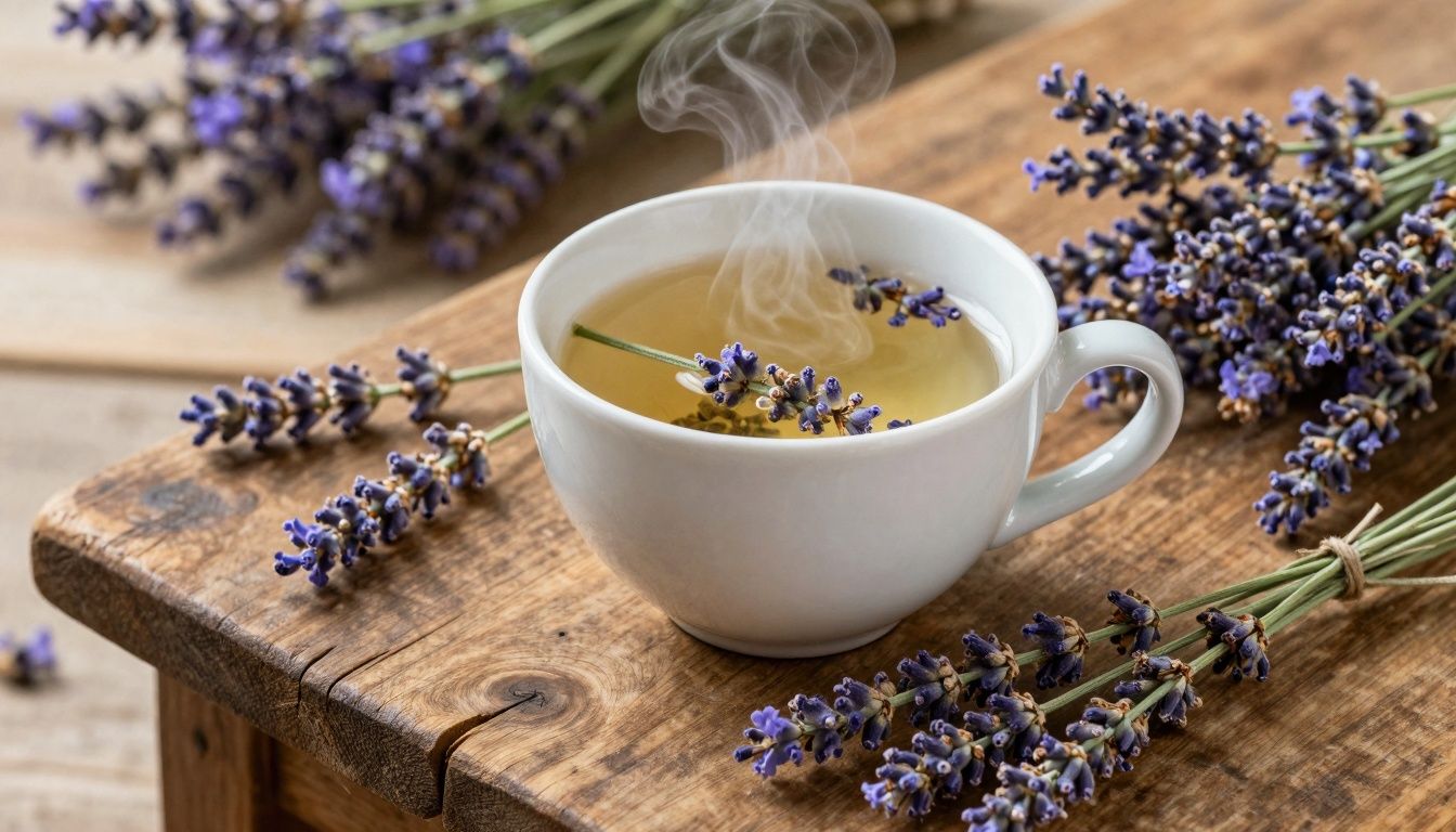 Xícara fumegante de chá de lavanda cercada por flores frescas em uma mesa de madeira rústica