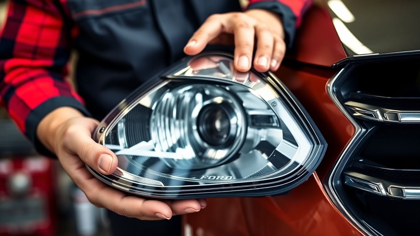 Mechanic holding a new Ford car part.