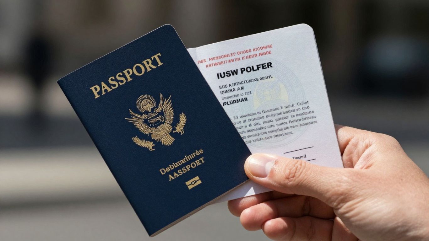 Manos sosteniendo pasaporte y permiso de trabajo de EE. UU.