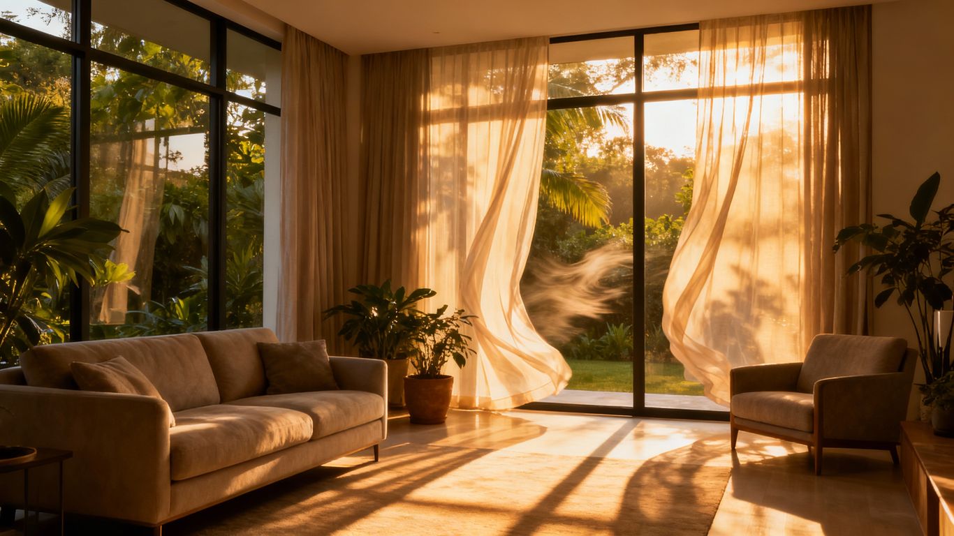 Bright living room with large windows and flowing curtains.