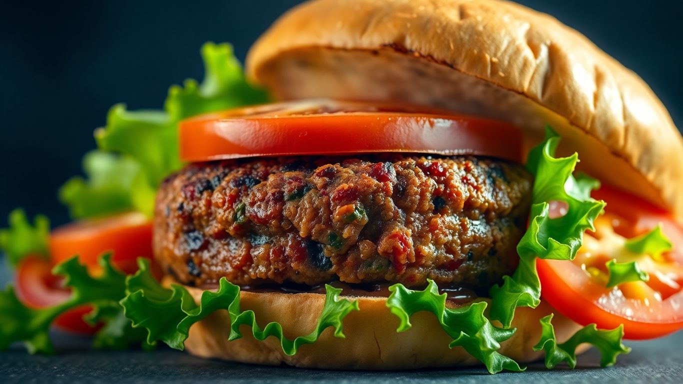 Plant-based burger patty with fresh toppings on a bun.