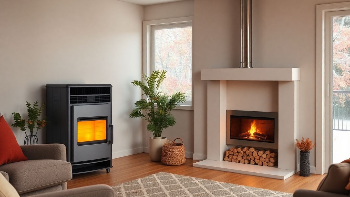 Cozy living room with new furnace and autumn leaves outside.