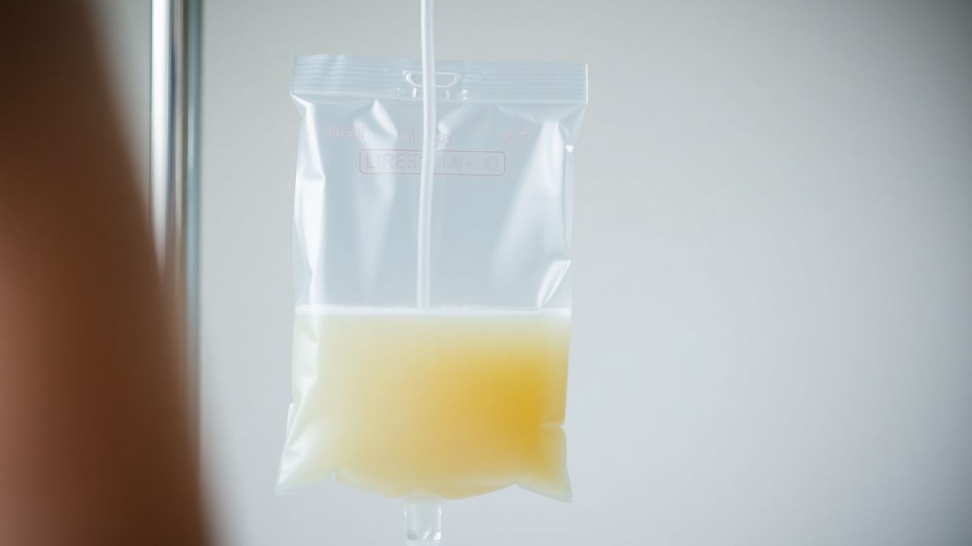 IV drip bag with clear liquid for immunity.