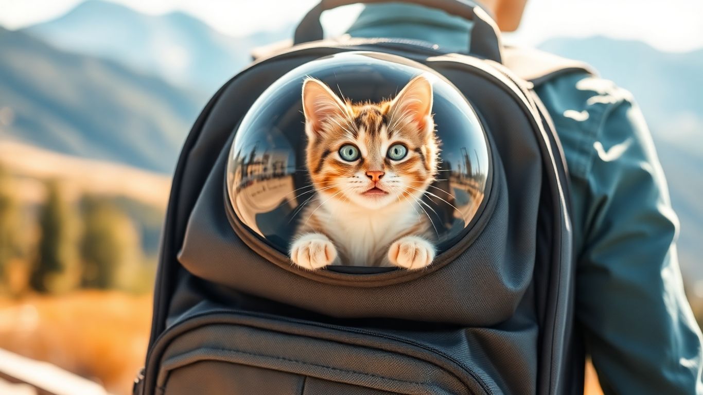 Cat in backpack exploring outdoors