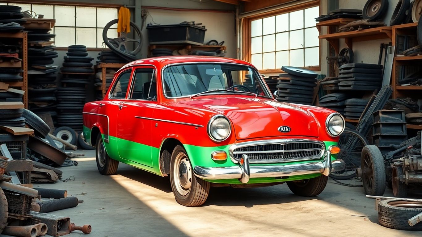 Restored vintage Kia surrounded by junkyard parts.