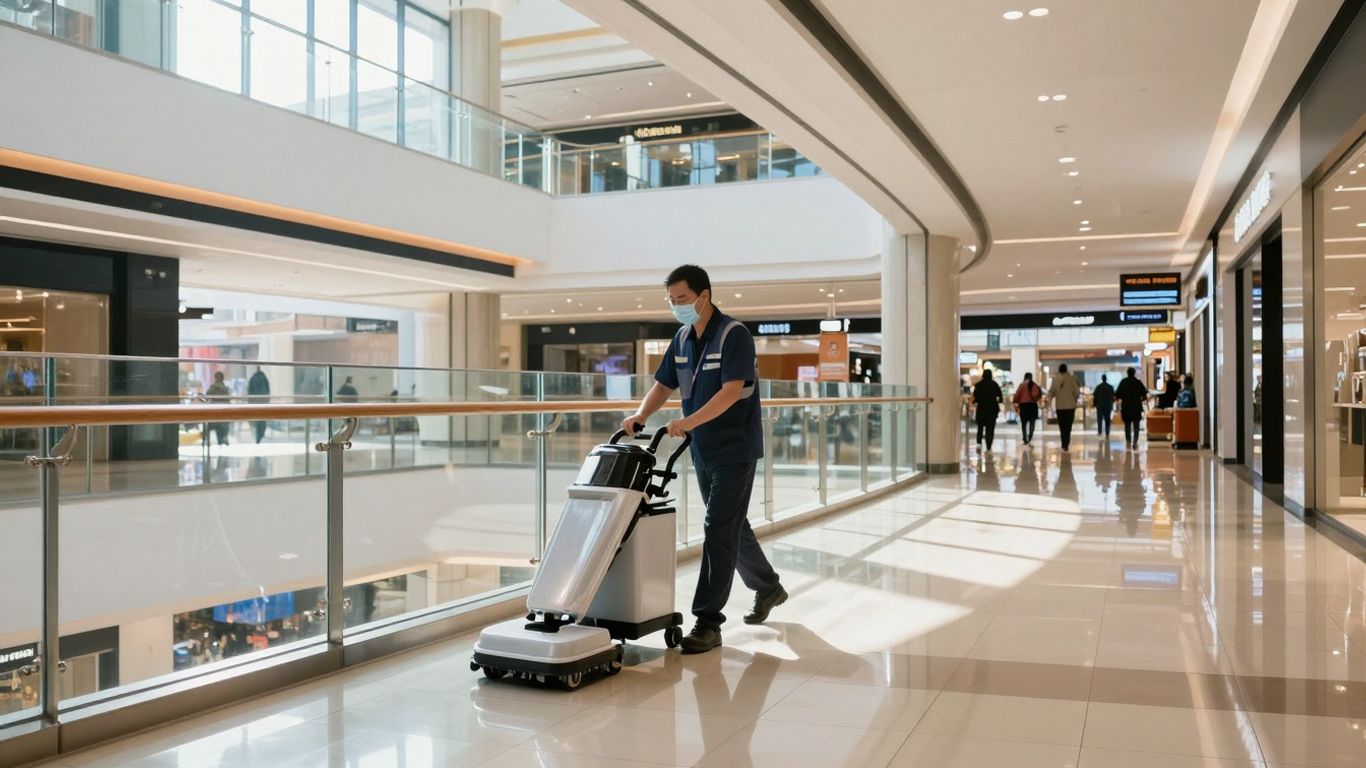 Čisté nákupné centrum s lesklými podlahami a upratovačkou.
