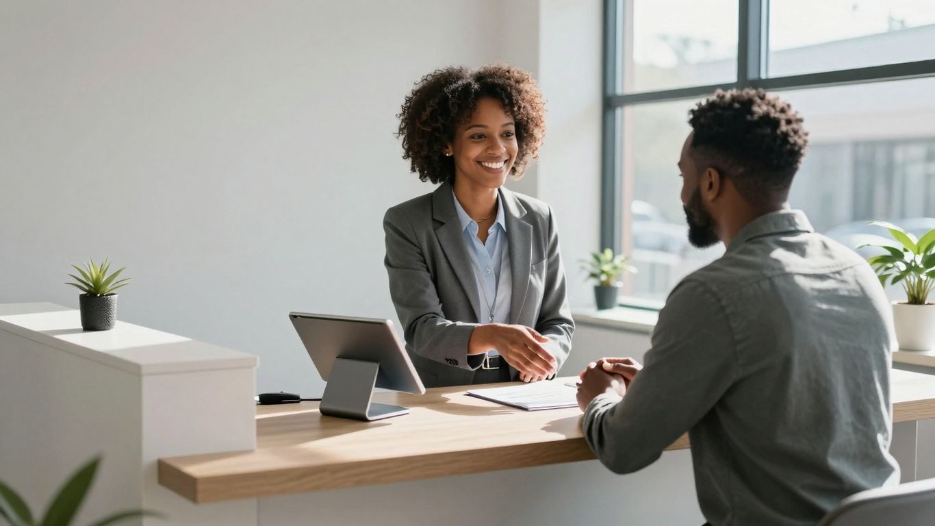 Clinic receptionist helping a patient book an appointment on a tablet.