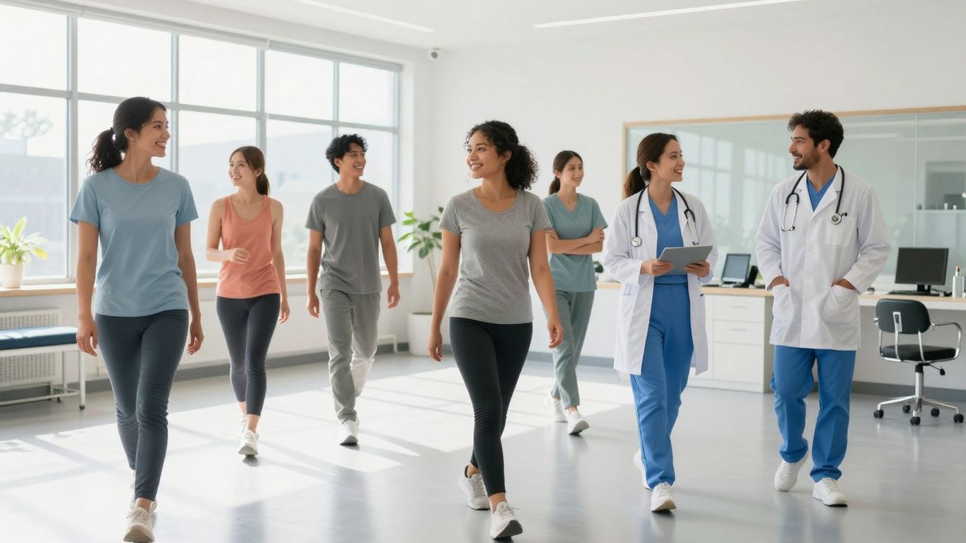 Weight management clinic with diverse people exercising and consulting doctors.